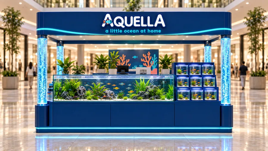 AQUELLA crowned island kiosk — front view, home aquariums (AI-assisted 3D visualisation)