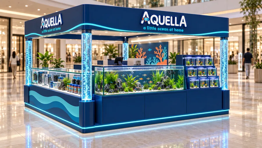 AQUELLA crowned island kiosk — left three-quarter view, home aquariums (AI-assisted 3D visualisation)
