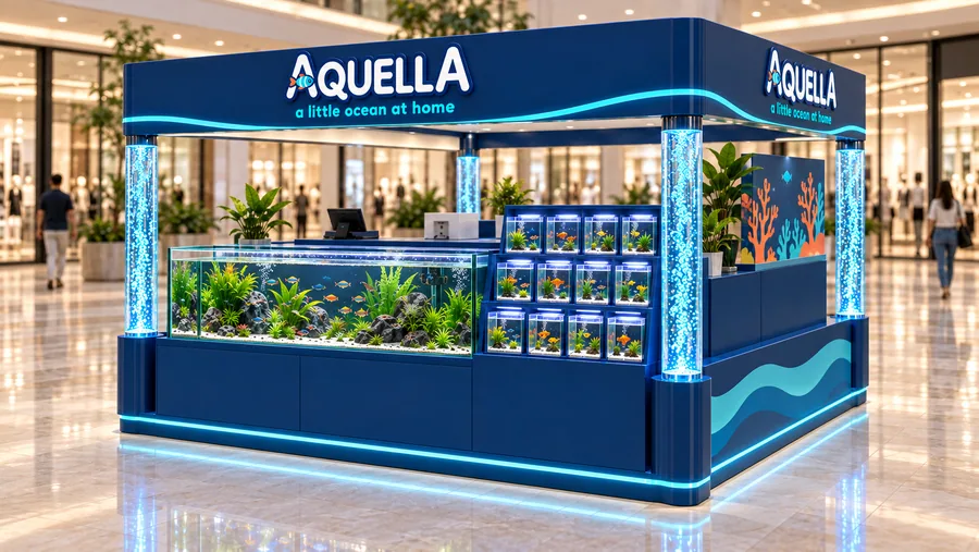 AQUELLA crowned island kiosk — right three-quarter view, home aquariums (AI-assisted 3D visualisation)