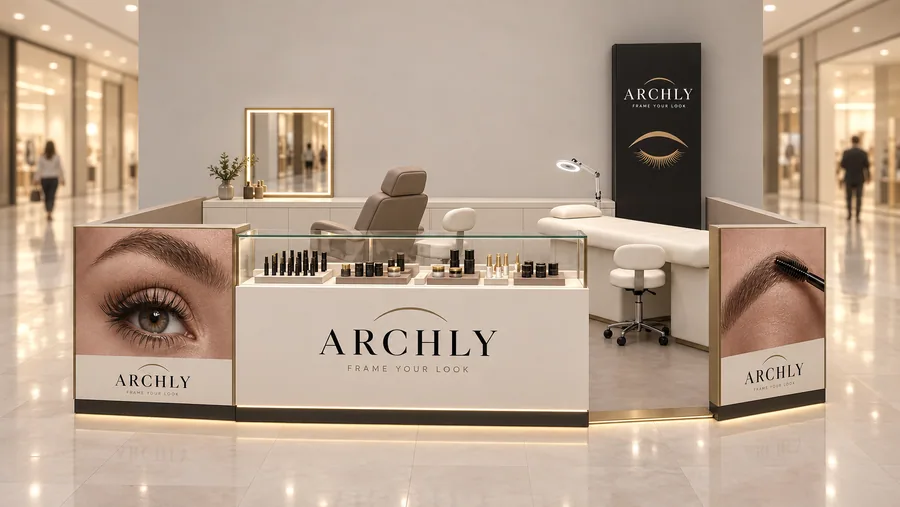 ARCHLY counter-type kiosk in front of a wall — front view, brow and lash bar (AI-assisted 3D visualisation)