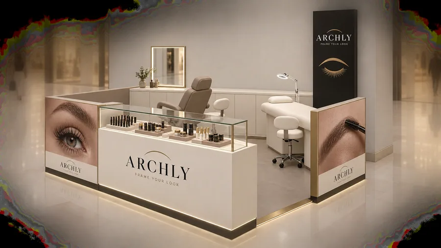 ARCHLY counter-type kiosk in front of a wall — left three-quarter view, brow and lash bar (AI-assisted 3D visualisation)