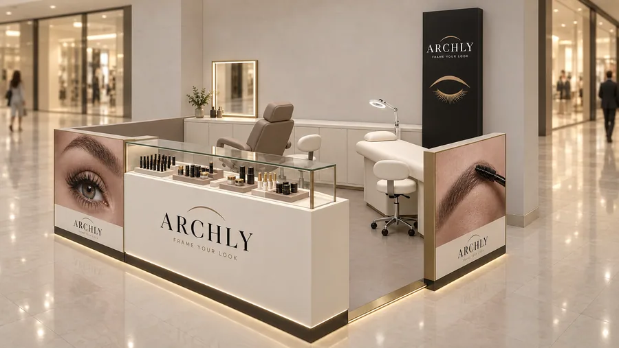 ARCHLY counter-type kiosk in front of a wall — right three-quarter view, brow and lash bar (AI-assisted 3D visualisation)
