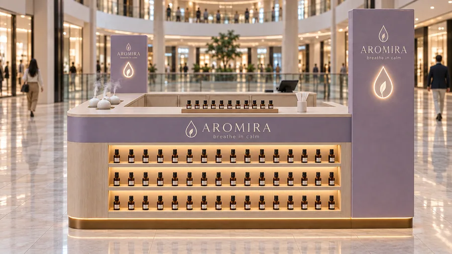 AROMIRA counter-type island kiosk — front view, aromatherapy (AI-assisted 3D visualisation)