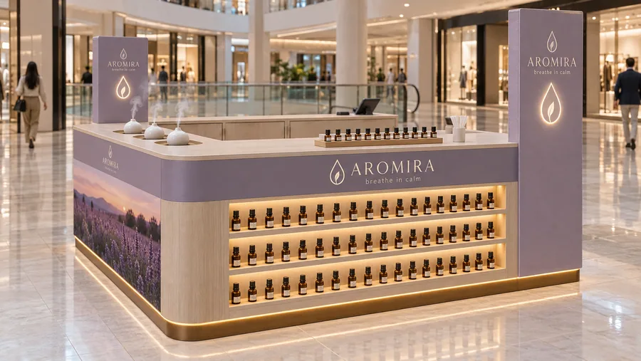 AROMIRA counter-type island kiosk — left three-quarter view, aromatherapy (AI-assisted 3D visualisation)