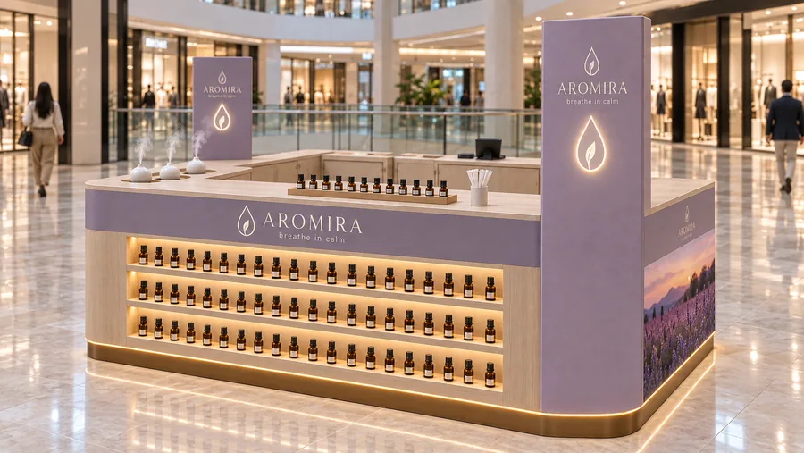 AROMIRA counter-type island kiosk — right three-quarter view, aromatherapy (AI-assisted 3D visualisation)