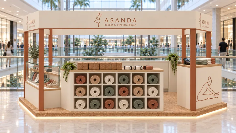 ASANDA crowned kiosk in front of a balcony — front view, yoga and home-fitness gear (AI-assisted 3D visualisation)