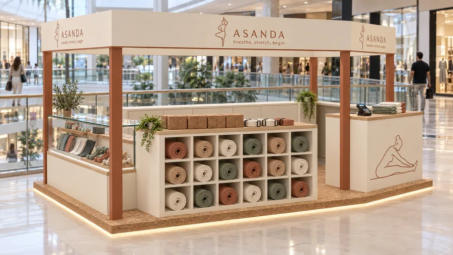 ASANDA crowned kiosk in front of a balcony — left three-quarter view, yoga and home-fitness gear (AI-assisted 3D visualisation)