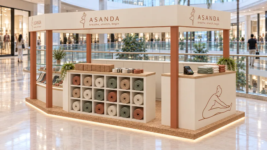 ASANDA crowned kiosk in front of a balcony — right three-quarter view, yoga and home-fitness gear (AI-assisted 3D visualisation)