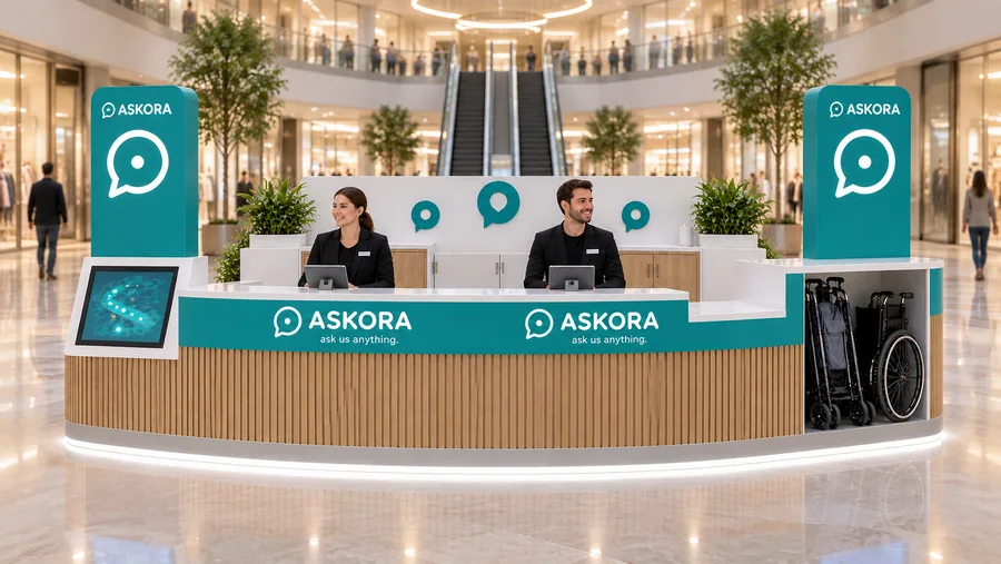 ASKORA counter-type island kiosk — front view, mall information and guest service desk (AI-assisted 3D visualisation)