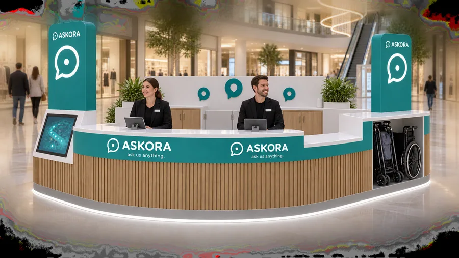 ASKORA counter-type island kiosk — left three-quarter view, mall information and guest service desk (AI-assisted 3D visualisation)