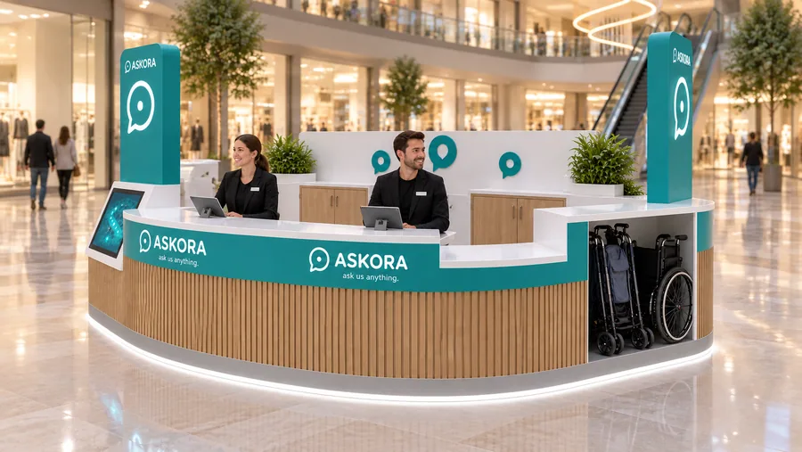 ASKORA counter-type island kiosk — right three-quarter view, mall information and guest service desk (AI-assisted 3D visualisation)
