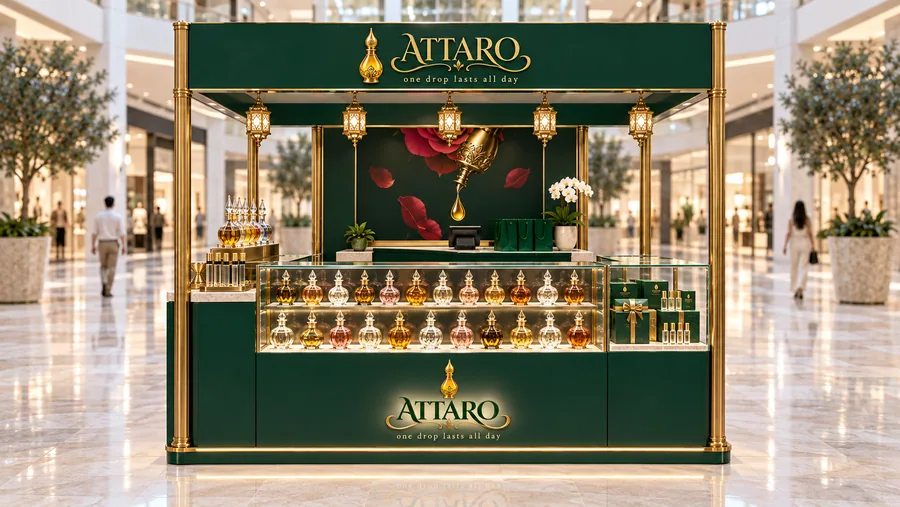 ATTARO crowned island kiosk — front view, attar and alcohol-free perfume oils sold from large (AI-assisted 3D visualisation)