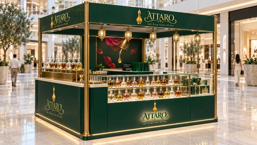 ATTARO crowned island kiosk — left three-quarter view, attar and alcohol-free perfume oils sold from large (AI-assisted 3D visualisation)