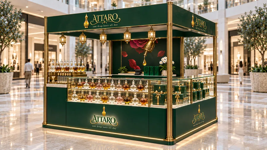 ATTARO crowned island kiosk — right three-quarter view, attar and alcohol-free perfume oils sold from large (AI-assisted 3D visualisation)