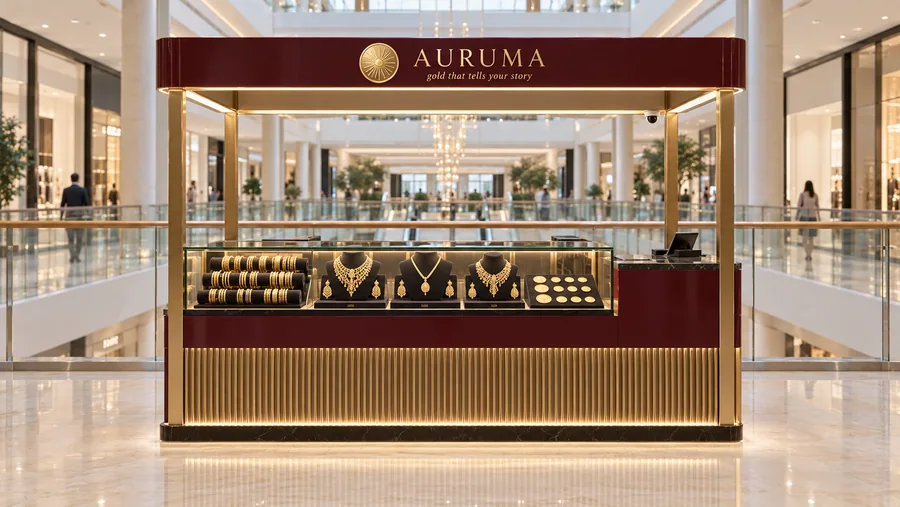 AURUMA crowned kiosk in front of a balcony — front view, 22k and 14k gold jewellery (AI-assisted 3D visualisation)
