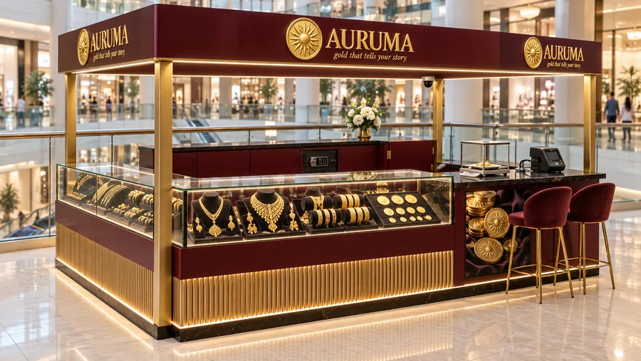 AURUMA crowned kiosk in front of a balcony — left three-quarter view, 22k and 14k gold jewellery (AI-assisted 3D visualisation)