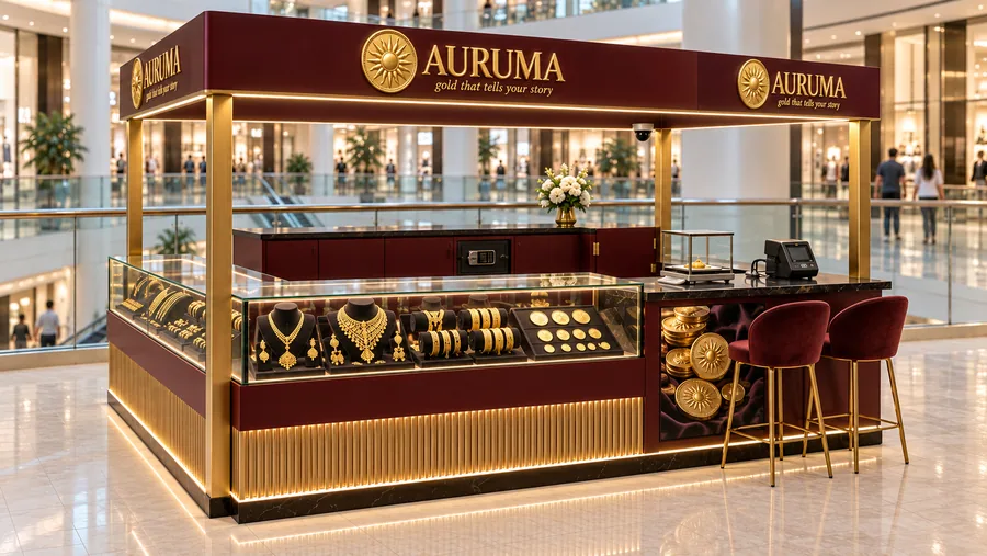 AURUMA crowned kiosk in front of a balcony — right three-quarter view, 22k and 14k gold jewellery (AI-assisted 3D visualisation)
