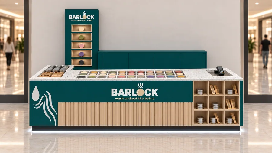 BARLOCK counter-type kiosk in front of a wall — front view, solid shampoo bars (AI-assisted 3D visualisation)