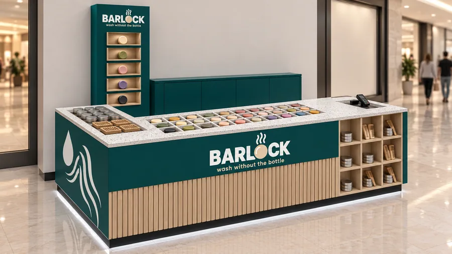 BARLOCK counter-type kiosk in front of a wall — left three-quarter view, solid shampoo bars (AI-assisted 3D visualisation)