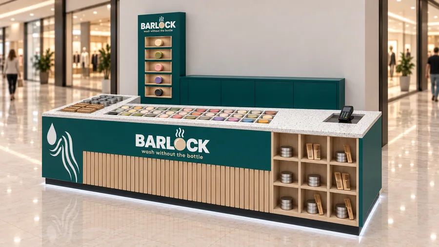 BARLOCK counter-type kiosk in front of a wall — right three-quarter view, solid shampoo bars (AI-assisted 3D visualisation)