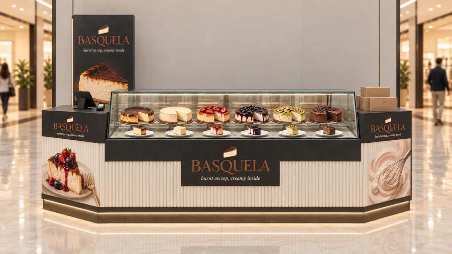BASQUELA counter-type kiosk in front of a wall — front view, cheesecake by the slice and whole (AI-assisted 3D visualisation)