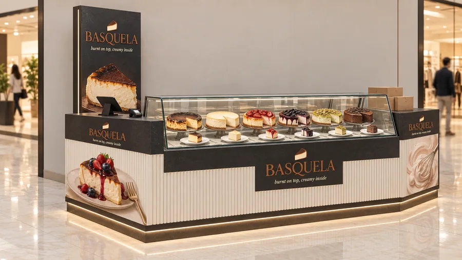 BASQUELA counter-type kiosk in front of a wall — left three-quarter view, cheesecake by the slice and whole (AI-assisted 3D visualisation)