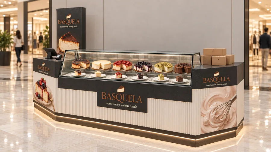 BASQUELA counter-type kiosk in front of a wall — right three-quarter view, cheesecake by the slice and whole (AI-assisted 3D visualisation)
