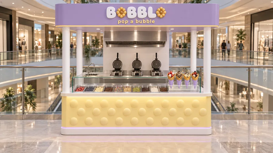 BOBBLO crowned kiosk in front of a balcony — front view, Hong Kong-style bubble waffles (egg waffles) rolled (AI-assisted 3D visualisation)