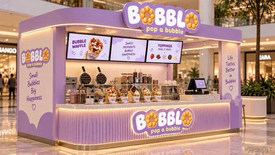 BOBBLO crowned kiosk in front of a balcony — left three-quarter view, Hong Kong-style bubble waffles (egg waffles) rolled (AI-assisted 3D visualisation)