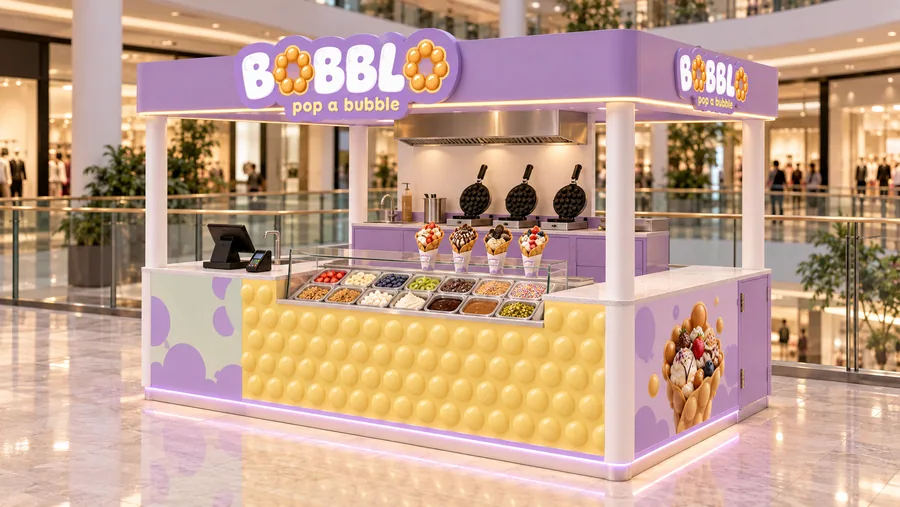 BOBBLO crowned kiosk in front of a balcony — right three-quarter view, Hong Kong-style bubble waffles (egg waffles) rolled (AI-assisted 3D visualisation)
