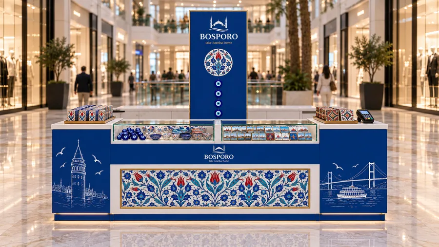 BOSPORO counter-type island kiosk — front view, Istanbul souvenirs (AI-assisted 3D visualisation)