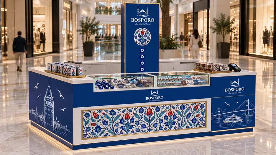 BOSPORO counter-type island kiosk — left three-quarter view, Istanbul souvenirs (AI-assisted 3D visualisation)