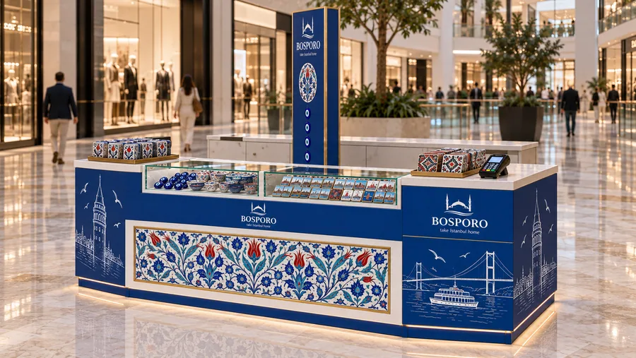 BOSPORO counter-type island kiosk — right three-quarter view, Istanbul souvenirs (AI-assisted 3D visualisation)