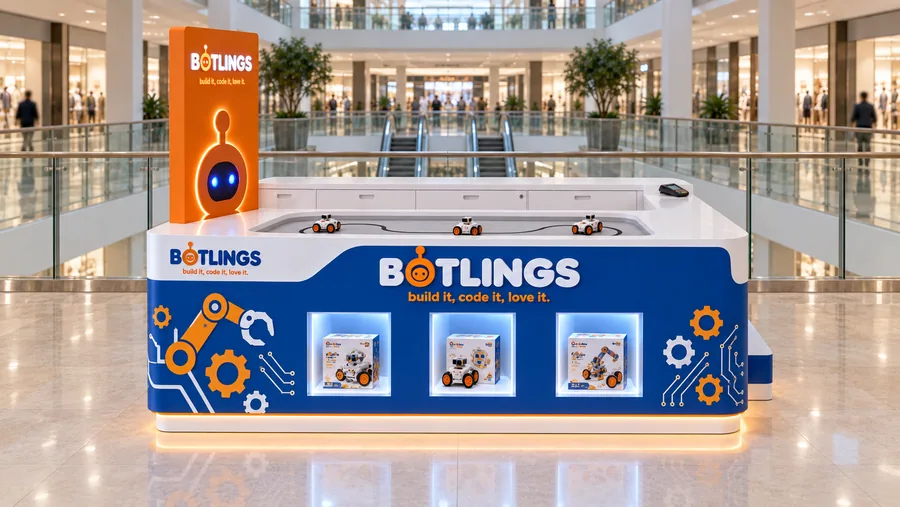 BOTLINGS counter-type kiosk in front of a balcony — front view, STEM robot kits (AI-assisted 3D visualisation)