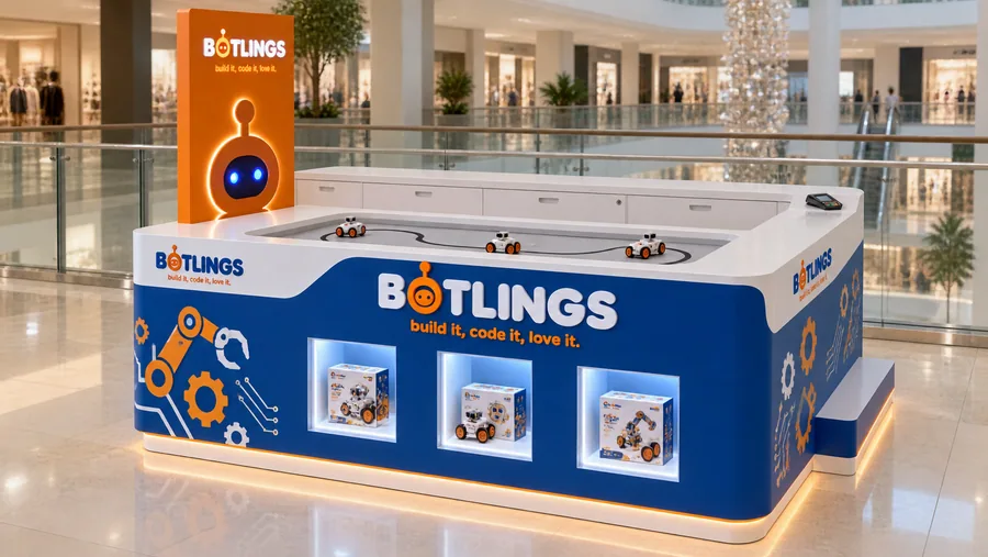 BOTLINGS counter-type kiosk in front of a balcony — left three-quarter view, STEM robot kits (AI-assisted 3D visualisation)