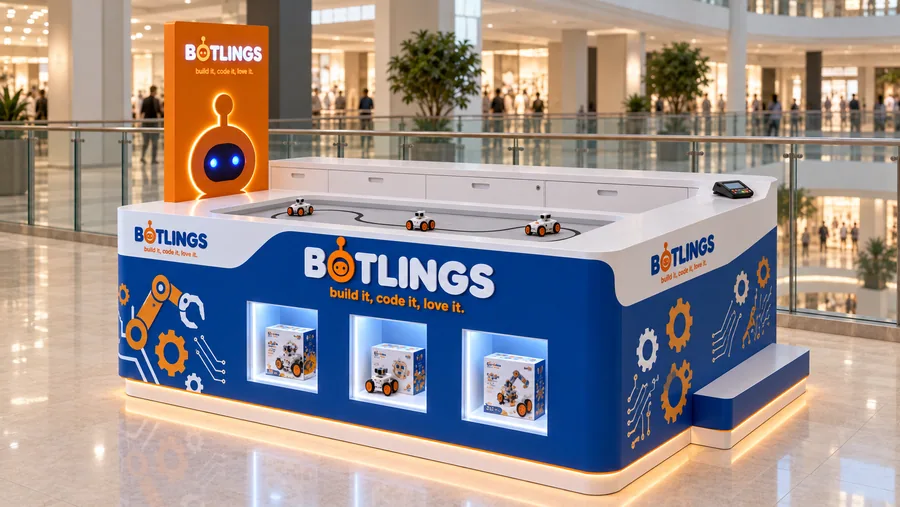 BOTLINGS counter-type kiosk in front of a balcony — right three-quarter view, STEM robot kits (AI-assisted 3D visualisation)