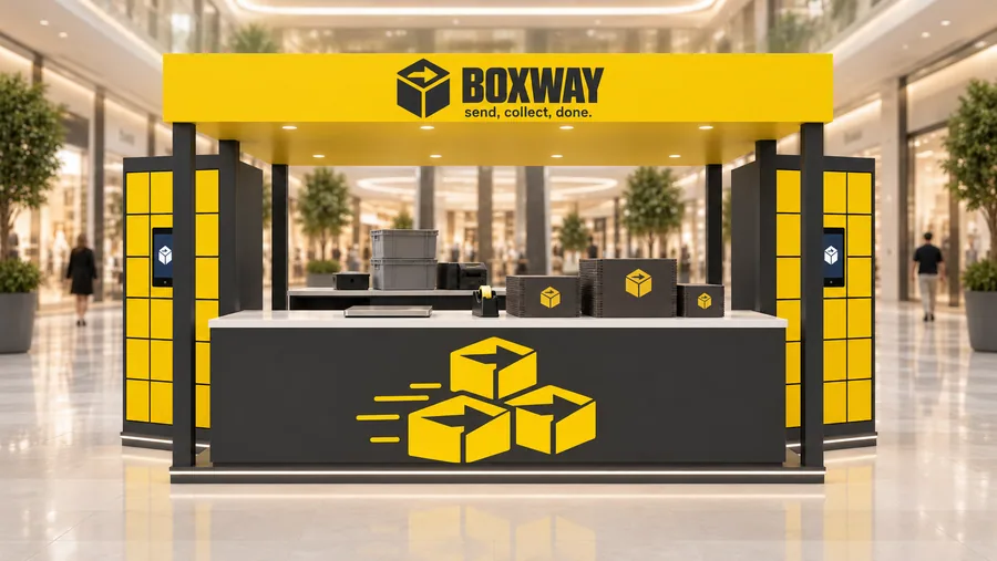 BOXWAY crowned island kiosk — front view, parcel lockers and shipping point (AI-assisted 3D visualisation)