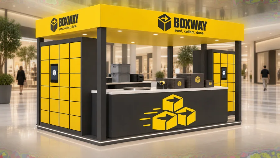 BOXWAY crowned island kiosk — left three-quarter view, parcel lockers and shipping point (AI-assisted 3D visualisation)