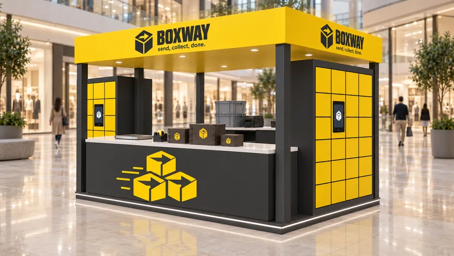 BOXWAY crowned island kiosk — right three-quarter view, parcel lockers and shipping point (AI-assisted 3D visualisation)
