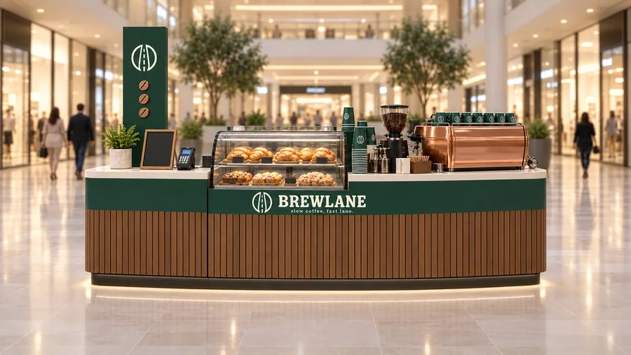 BREWLANE counter-type island kiosk — front view, specialty coffee bar serving espresso drinks (AI-assisted 3D visualisation)