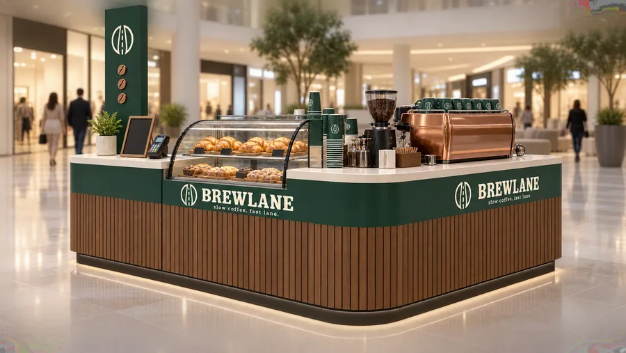 BREWLANE counter-type island kiosk — left three-quarter view, specialty coffee bar serving espresso drinks (AI-assisted 3D visualisation)