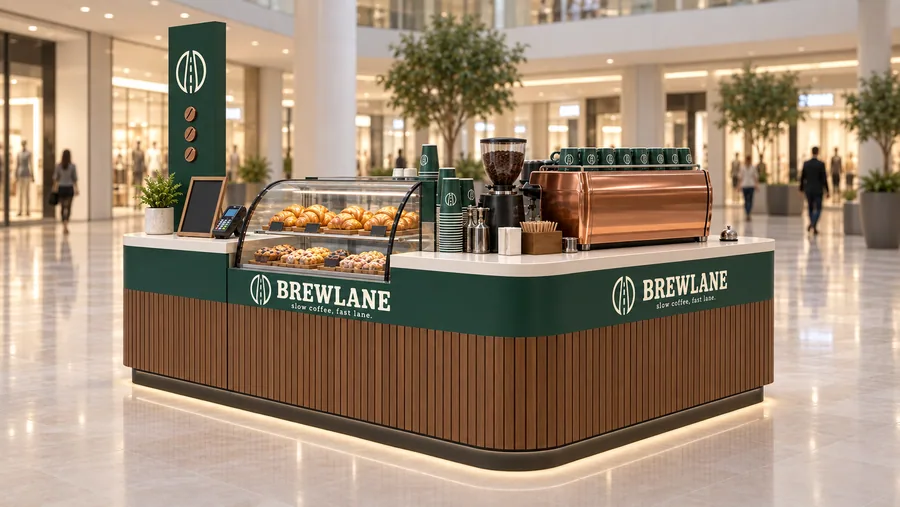 BREWLANE counter-type island kiosk — right three-quarter view, specialty coffee bar serving espresso drinks (AI-assisted 3D visualisation)
