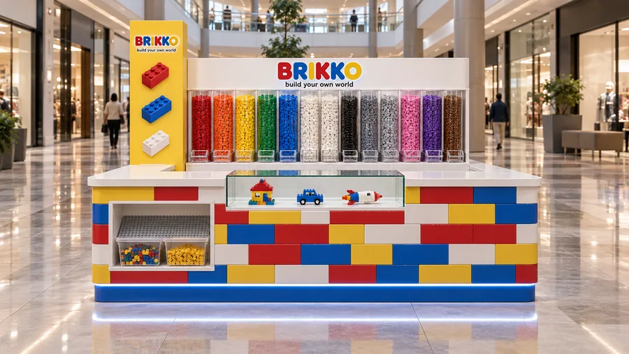 BRIKKO counter-type island kiosk — front view, generic (AI-assisted 3D visualisation)