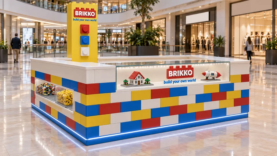 BRIKKO counter-type island kiosk — left three-quarter view, generic (AI-assisted 3D visualisation)