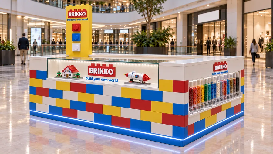 BRIKKO counter-type island kiosk — right three-quarter view, generic (AI-assisted 3D visualisation)