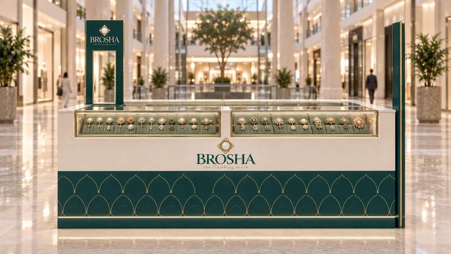 BROSHA counter-type island kiosk — front view, hijab pins (AI-assisted 3D visualisation)