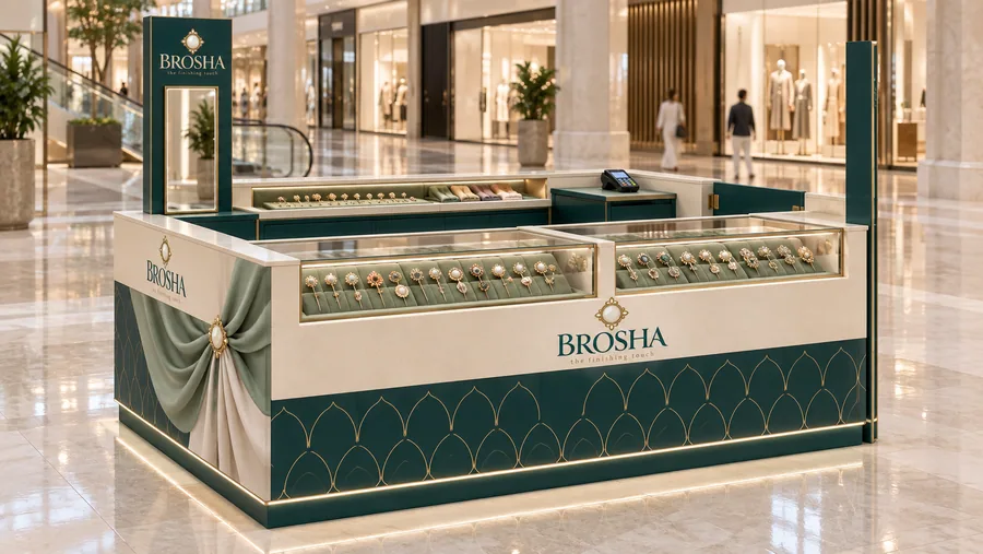 BROSHA counter-type island kiosk — left three-quarter view, hijab pins (AI-assisted 3D visualisation)