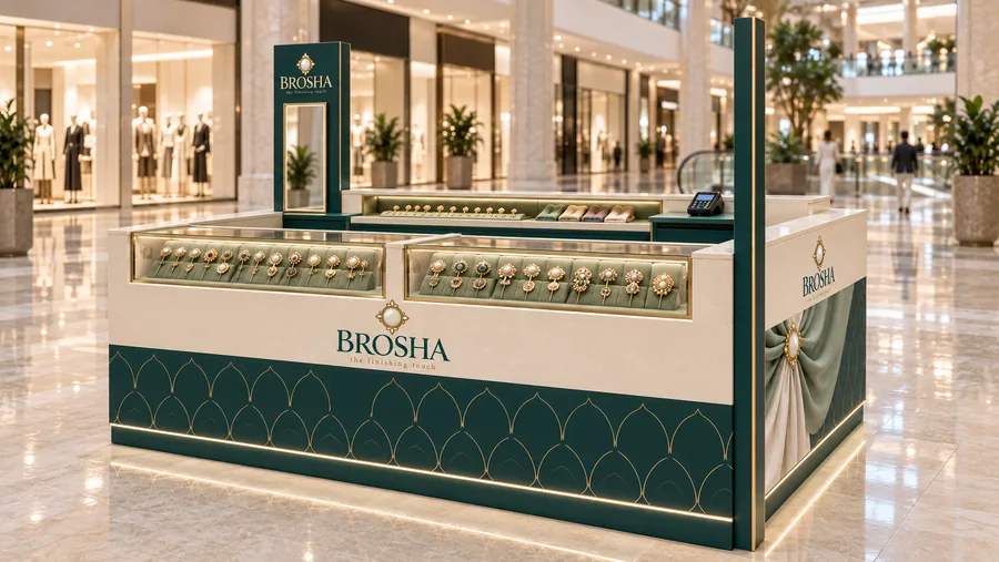 BROSHA counter-type island kiosk — right three-quarter view, hijab pins (AI-assisted 3D visualisation)
