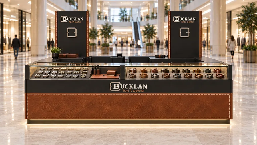 BUCKLAN counter-type island kiosk — front view, leather belts (AI-assisted 3D visualisation)