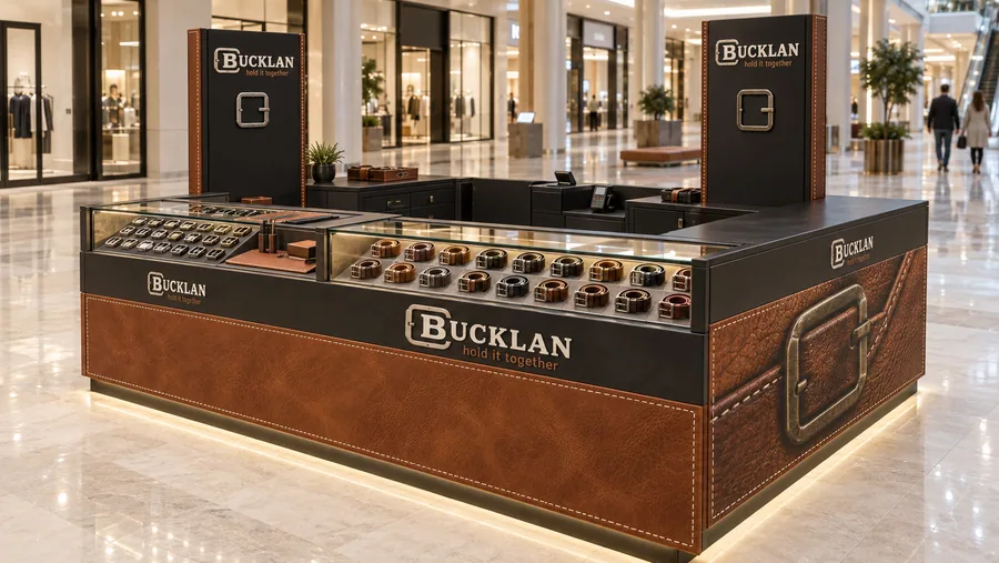 BUCKLAN counter-type island kiosk — left three-quarter view, leather belts (AI-assisted 3D visualisation)